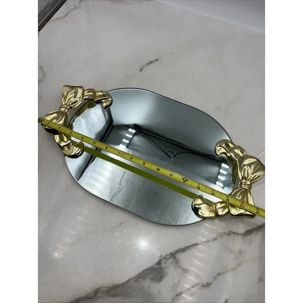 Vintage Oval Mirrored Vanity Tray Gold Ribbon Bow Coquette